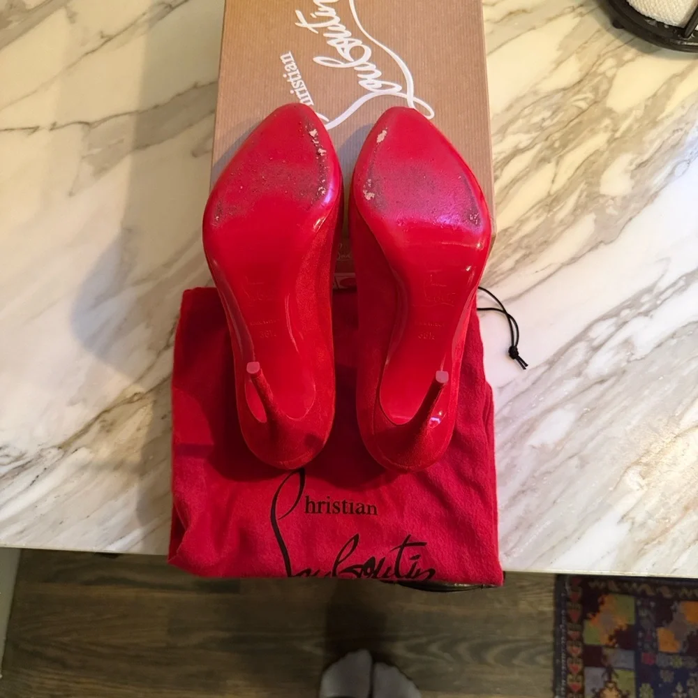 Christian Louboutin Vibrant Red Suede Heels - Picture 6 of 7